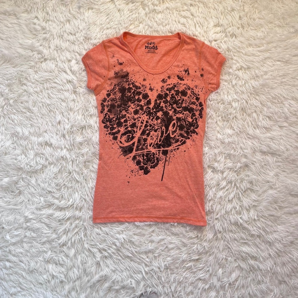 y2k coral orange heart graphic love top medium